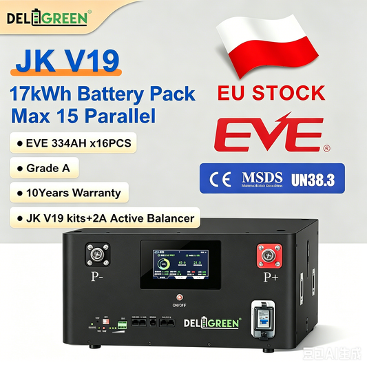 EU Free Shipping EVE 51.2V 334ah 17KWH with JK BMS, active balancer, 8000 times cycle, 10 years warranty
