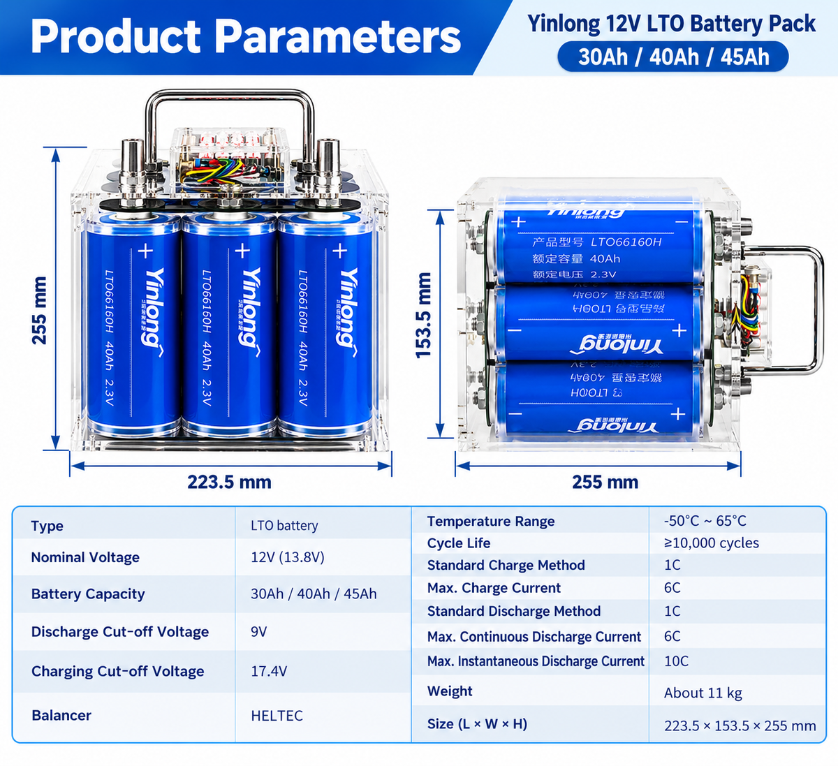 EU/CN Yinlong 12V LTO Battery Pack 40Ah 45Ah – High Power Lithium Titanate Battery for Car Audio
