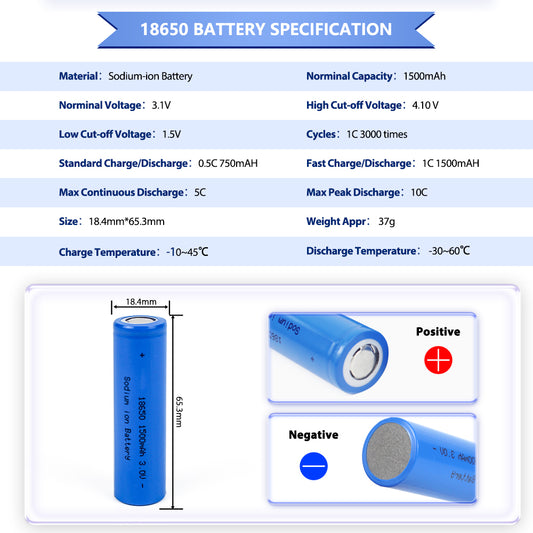 3.1V sodium ion 18650 1500mah  battery cell