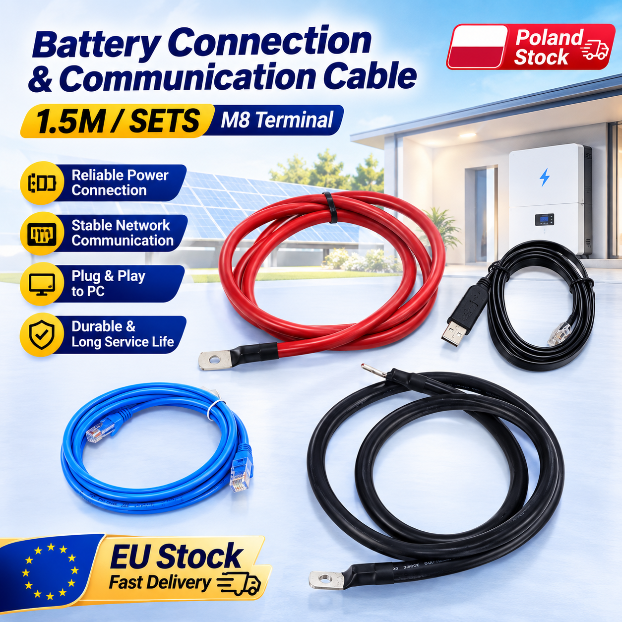 EU STOCK M8 1.5M/Sets 50 Square cable connect battery to inverter